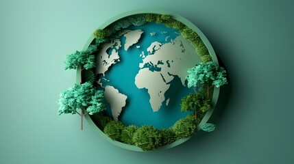 3D Earth with Trees on Green Circle Background, To represent the concept of environmental conservation and sustainability in a modern and unique way