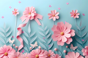 3D Paper Cut Style Pink Flowers and Ribbons on Blue Background, To provide high-quality and aesthetically pleasing visual elements for various design