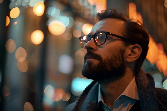 Bearded Man With Glasses Gazing Into Distance
