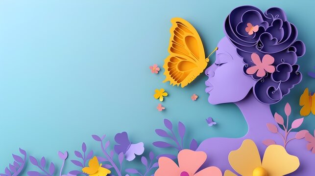 3D Paper Art of Woman with Butterfly and Flower, This 3D paper art image with a woman, butterfly and flower is perfect for adding a touch of elegance