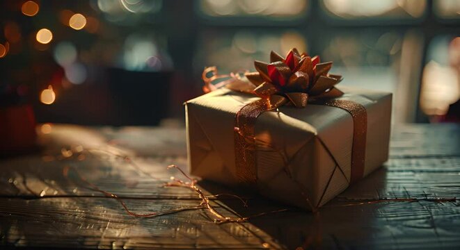 Wrapped Present on Wooden Table