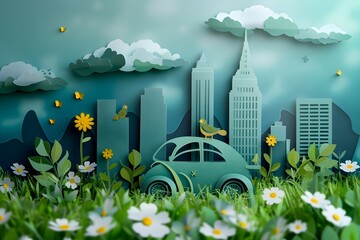 Eco-Friendly Cityscape in Paper Art Style, To promote the concept of sustainable urban living and eco-friendly transportation through a visually - obrazy, fototapety, plakaty