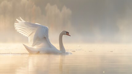 Mute swan Cygnus olor gliding across a mist covered lake at dawn
