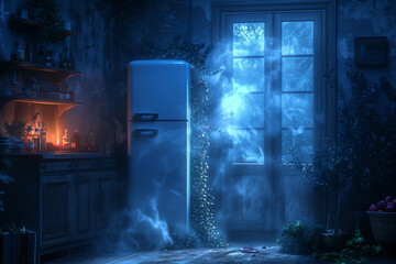 A refrigerator stands open in a dimly lit room, illuminated by a window, casting shadows on the floor, retro 