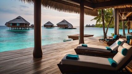 Obraz premium Sumptuous beachfront retreat on the idyllic shores of the Maldives, boasting unparalleled views of turquoise waters and overwater bungalows with direct access to the Ocean