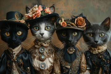 A group of three cats dressed in stylish hats, looking adorable and fashionable, 