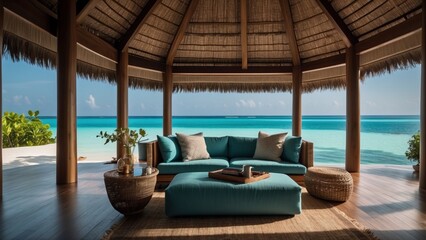 Fototapeta na wymiar Sumptuous beachfront retreat on the idyllic shores of the Maldives, boasting unparalleled views of turquoise waters and overwater bungalows with direct access to the Ocean