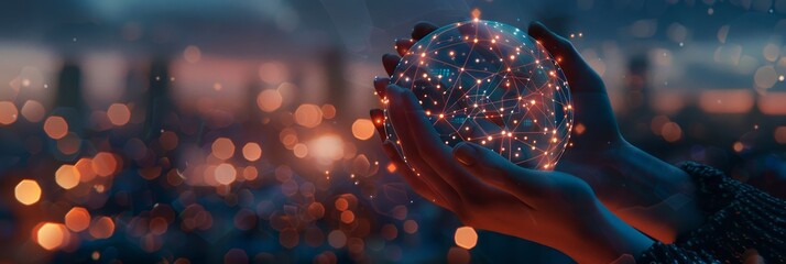 Illuminated Connections: A World of Network in Hands. Hands cradling a globe with intricate connections that mimic a network or a brain's neural paths. Global connectivity, the future of technology
