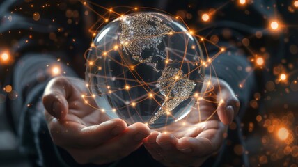 Global Embrace: The Spark of Connectivity in Human Hands. Hands holding a transparent globe. Concept of the vast network of human connections that span the globe.
