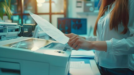 Office worker print paper on multifunction laser printer. Document and paperwork. Secretary work. Woman working in business office. Copy, print, scan, and fax machine. Print technology. Office worker 
