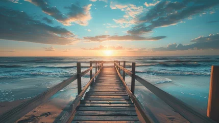 Papier Peint photo Descente vers la plage view of the footbridge on the beach at sunrise. Relax on vacation