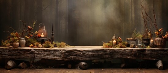 A wooden table adorned with candles and pumpkins, adding warmth and charm to the natural landscape. The flickering light casting a cozy ambiance during the event