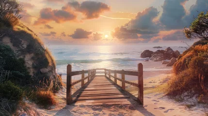 Tableaux sur verre Descente vers la plage view of the footbridge on the beach at sunrise. Relax on vacation