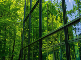 Eco-Friendly Architecture Harmony: Sustainable Glass Building Facade Merging with Verdant Forest, Urban Greenery Integration for Enhanced Eco-Conscious Living