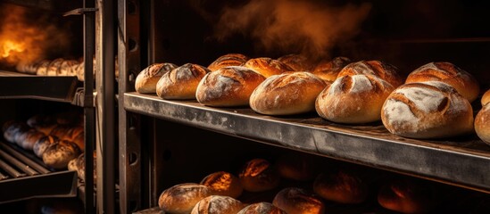 A variety of baked goods, a staple food in many cuisines, are sitting on a shelf inside a bakery oven fueled by gas, ready to be used as ingredients in delicious recipes - obrazy, fototapety, plakaty