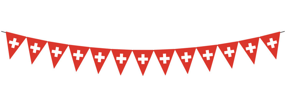 Switzerland National Day, bunting garland with swiss pennants, red and white, national holiday of Switzerland, string of triangular flags, vector decorative element