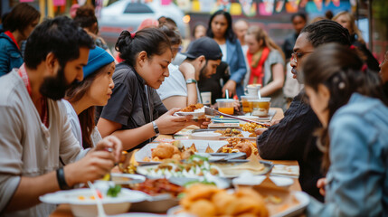 People from various cultural backgrounds gathered around a communal table at a food festival, enjoying diverse cuisines