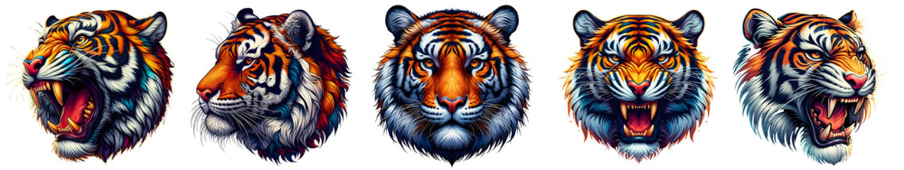 tiger face multiple angles hand drawn watercolor isolated png