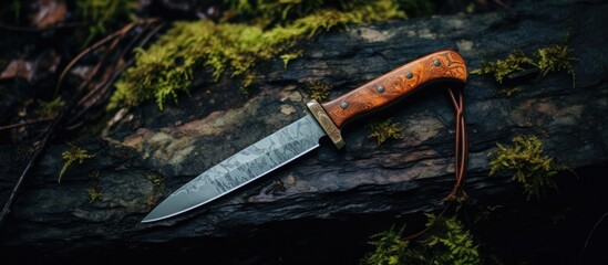 A sturdy survival knife lays atop a rock covered in vibrant green moss. The knifes sharp blade contrasts with the soft mossy surface, creating a striking visual.