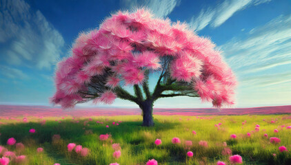 Kwitnące samotne drzewo, różowe kwiaty mimoza