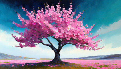 Kwitnące samotne drzewo, różowe kwiaty - obrazy, fototapety, plakaty