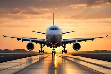 Fototapeta na wymiar Airplane on the runway at sunset. Business travel and transportation concept