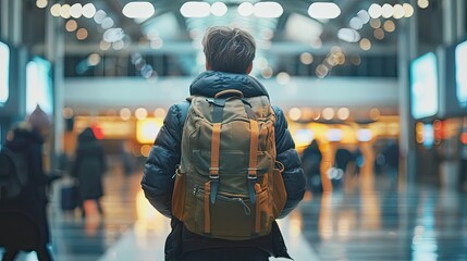 Young man with a backpack at the airport. Travel by airplane.  waiting for boarding, walks through airport terminal - obrazy, fototapety, plakaty