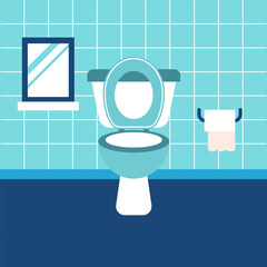 Blue Bathroom Blue Toilet. Vector Illustration of Flat Tile Wall and Mirror.