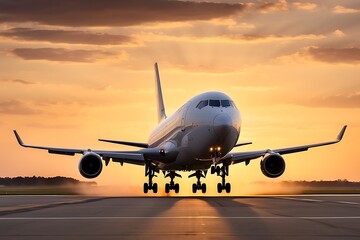 Fototapeta na wymiar Airplane on the runway at sunset. Business travel and transportation concept