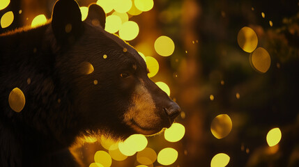 Urso negro isolada e ao fundo luzes amarelas - Papel de parede - obrazy, fototapety, plakaty