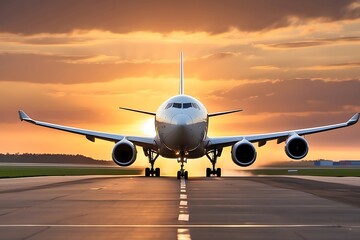 Airplane on the runway at sunset. Business travel and transportation concept