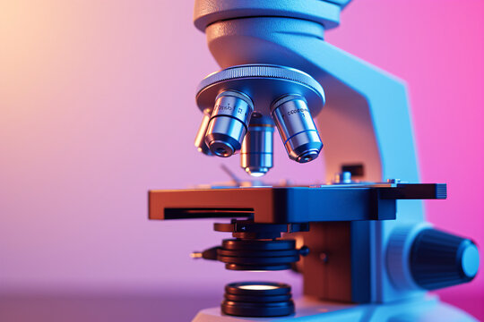 Microscope with metal lens at laboratory. Scientific and healthcare research, examining of test sample in a lab. Medical equipment. Science and technology concept