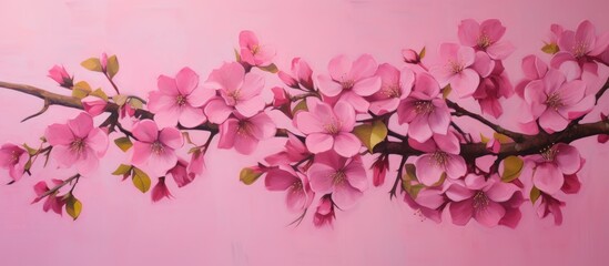 An artwork depicting a cherry blossom branch against a pink backdrop, showcasing the beautiful pink and violet petals of the flowering plant