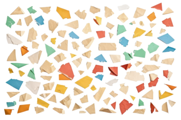 Small colored ripped pieces of paper cut out and isolated on white or transparent background, isolated confetti as graphic element to use in any project or design