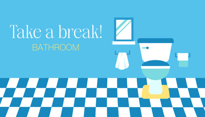 Toilet Blue Bathroom Flat Banner. Vector Illustration of Tile Wall and Yellow Carpet. Mirror and Towel. Paper.
