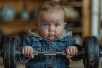 Baby With Blue Eyes Holding Barbell