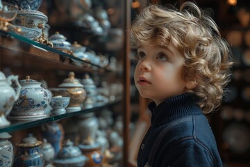 Fototapeta na wymiar Young Boy Observing a Display of Vases