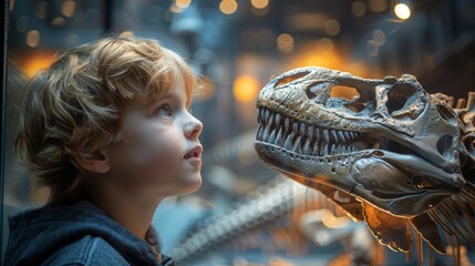 Young Boy Observing Dinosaur in Museum