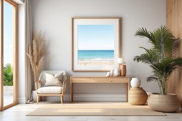 Interior of modern living room with sea view. Mock up poster frame