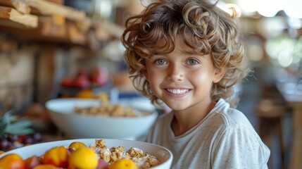 Young Boy Holding Bowl of Cereal and Fruit