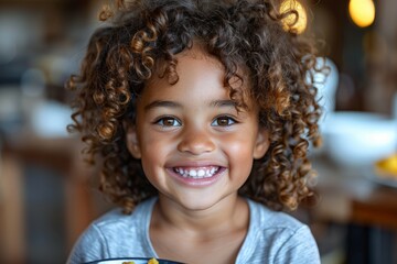 Young Girl With Curly Hair Holding Plate of Food