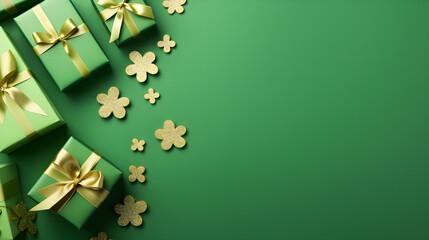 Festive poster of green gift boxes with lucky clover on isolated green background. Birthday, St. Patrick's Day concept, design of cards, banners, posters, headings for the site. Flat lay, copy space.