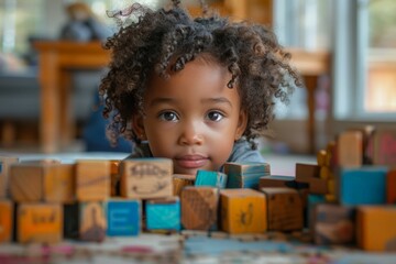 Little Girl Observing Pile of Blocks