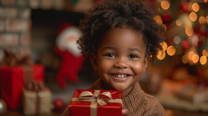 Fototapeta na wymiar Little Girl Holding Christmas Present by Tree