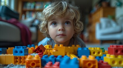 Young Boy Building With Large Pile of Legos