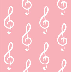 Vector seamless pattern of flat music treble clef isolated on pink background