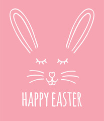 Vector hand drawn doodle sketch bunny rabbit face with happy Easter text isolated on pink background
