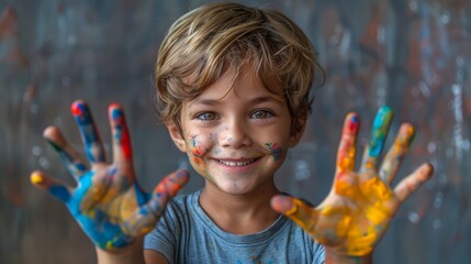 Young Boy With Colorful Hands