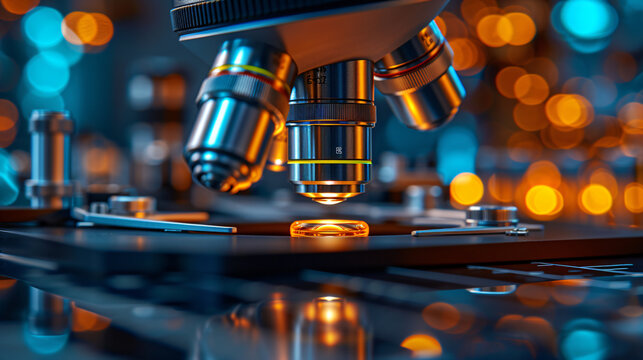 Microscope with metal lens at laboratory. Scientific and healthcare research, examining of test sample in a lab. Medical equipment. Science and technology concept