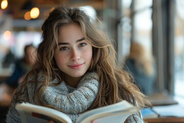 Woman Reading Book in Restaurant - obrazy, fototapety, plakaty